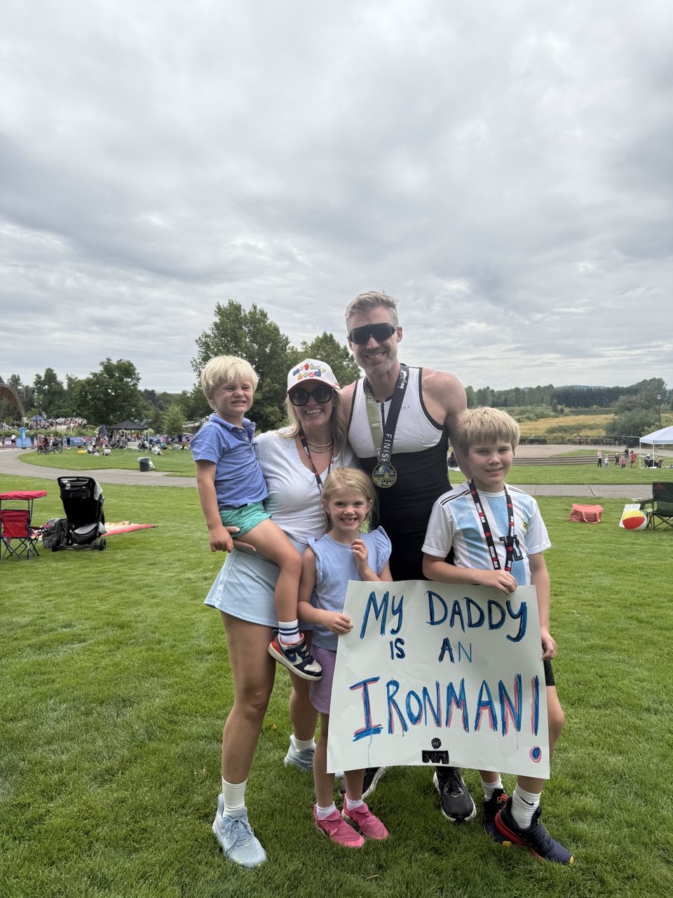 Stephen Kappa after completing Ironman 70.3 Oregon with his family - 'My Daddy is an Ironman!'